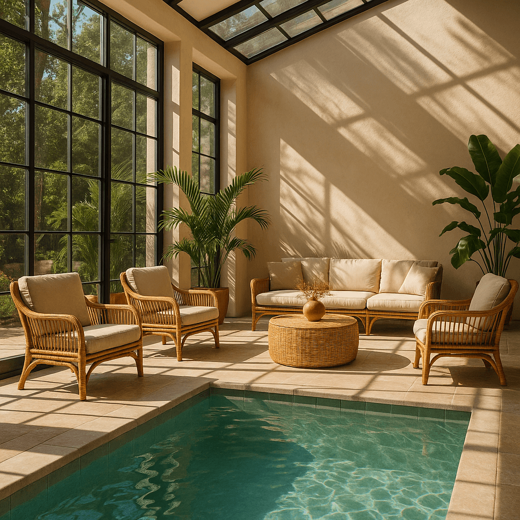 A pink room with a pool