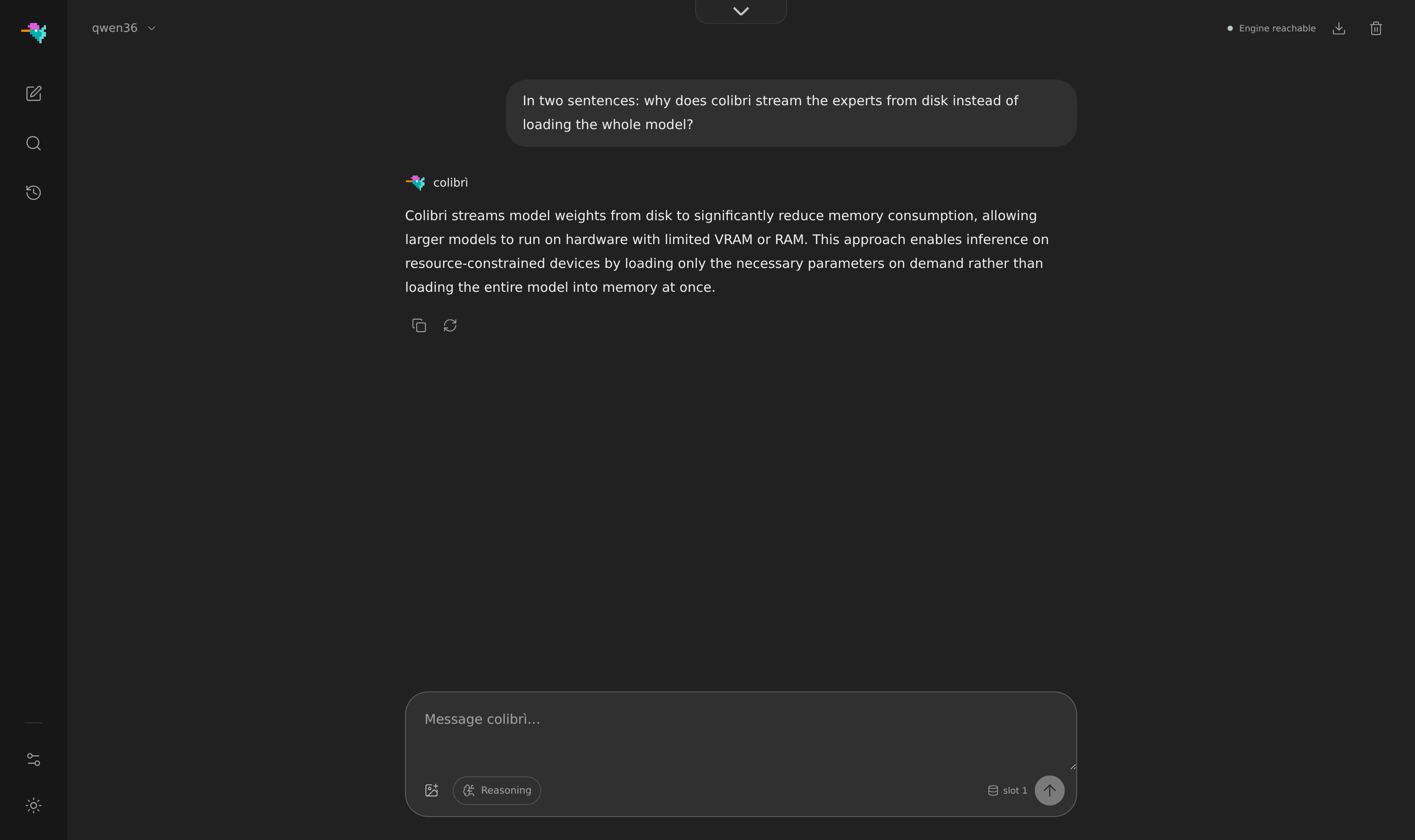 the colibri web dashboard: chat, live metrics, hardware panel, expert tiers