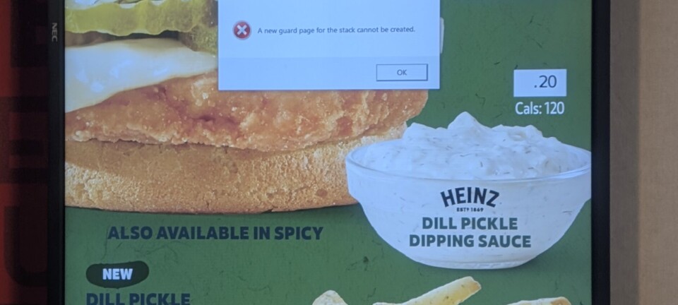 Wendy’s menu board showing pickle-themed sandwiches and fries with a Windows error dialog overlay.