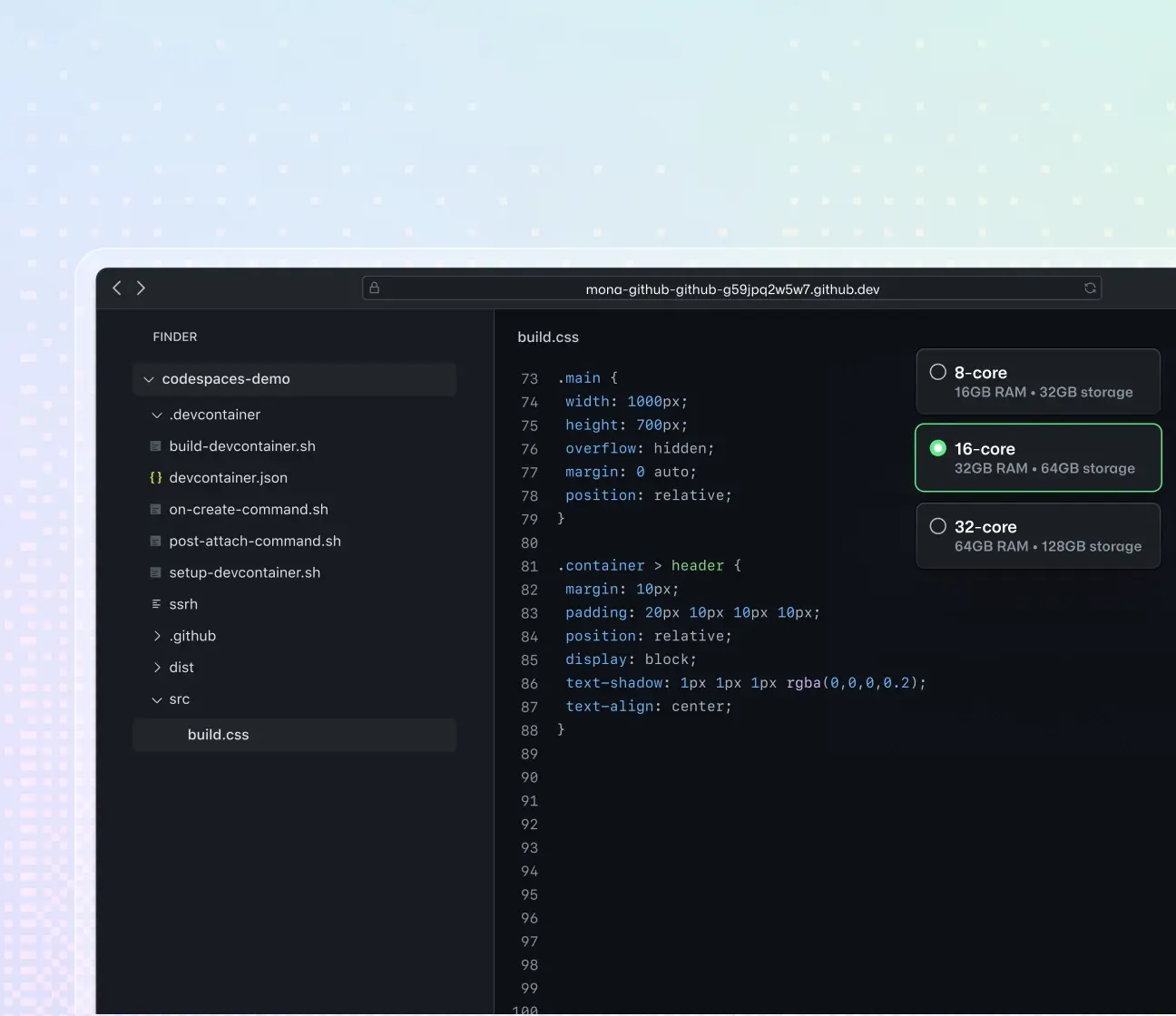 The image shows a GitHub Codespaces demo interface with a file explorer on the left and a CSS file open on the right. The CSS code styles elements like containers and headers. At the top right, there are options for different core configurations: 10-core with 32 GB RAM and 64 GB storage or 32-core with 64 GB RAM and 128 GB storage. This setup demonstrates real-time editing and previewing of web content, useful for developers working on web design or front-end development projects. Below the editor,  there are logos for popular development tools and extensions, including IntelliCode, Golang, Live Server, Prettier, Debugger for Java, Azure Cloud Shell, Docker, Azure Repos, Copilot, GitLens, Azure Artifacts, Azure Test Plans, Python, and PowerShell.