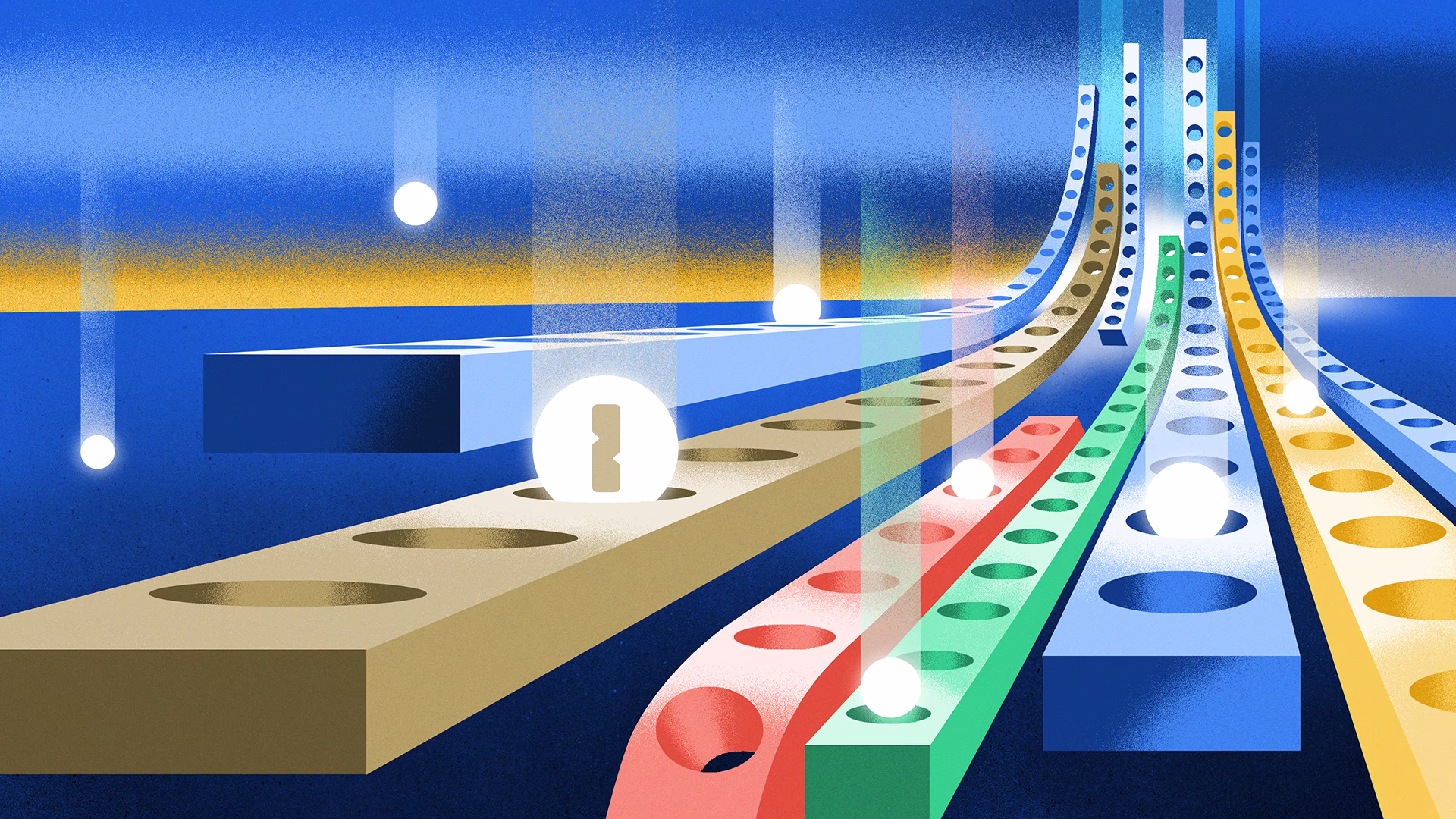 An illustration of abstract bars in various colors. Each bar has a series of regular holes punctured through it. White spheres are dropping into some of the holes, including a sphere that features the 1Password logo.
