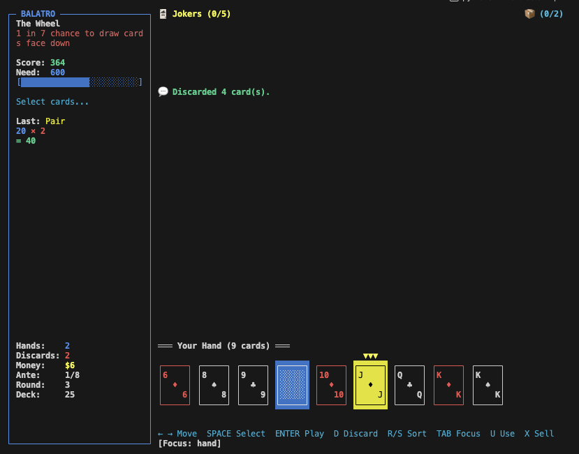 CLI Balatro interface during a Blind